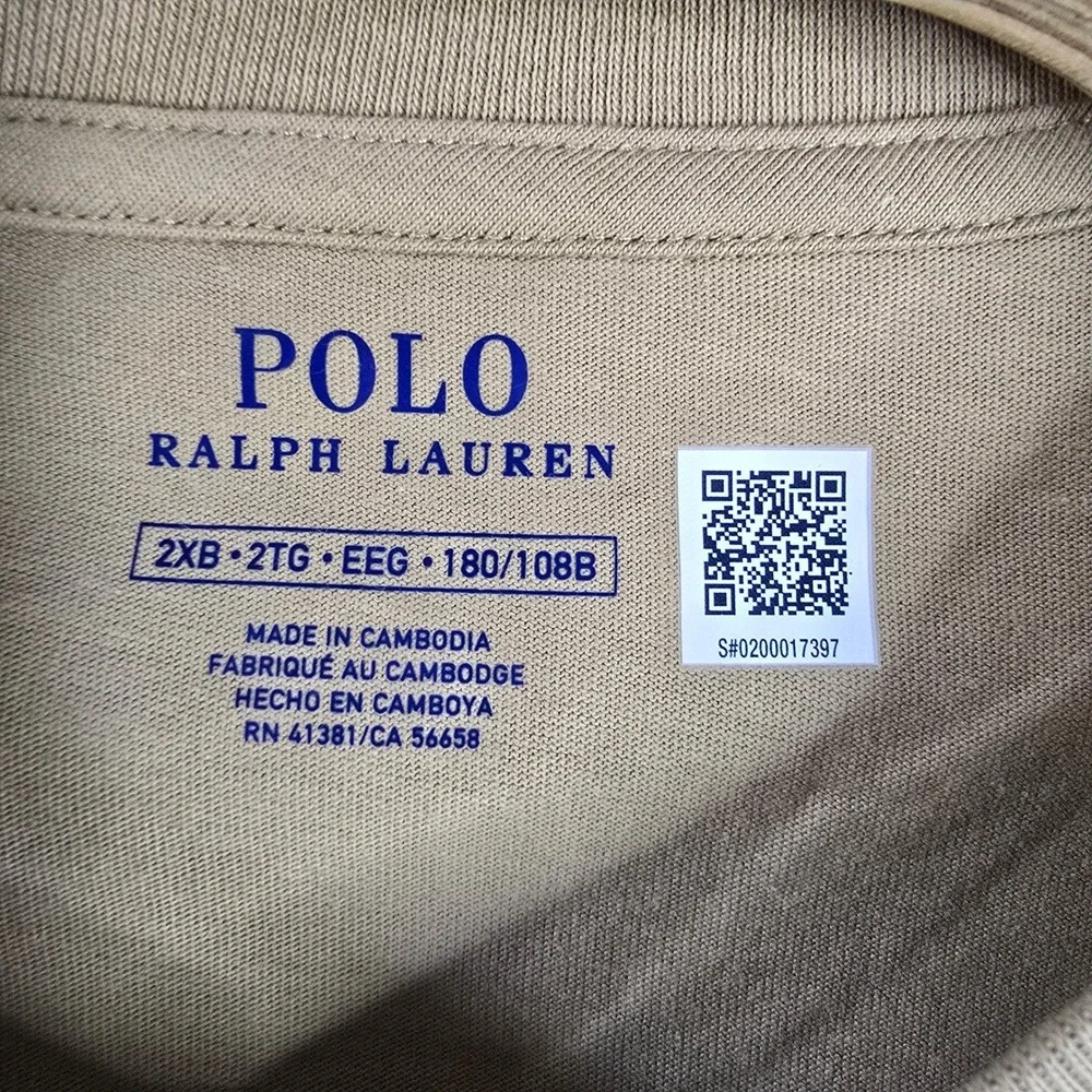Polo Ralph Lauren Mens V-Neck T-Shirt Beige 2XB Big & Tall Cotton Short Sleeve